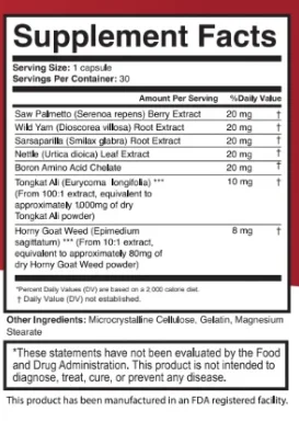 Max Vitalize Supplement Facts panel